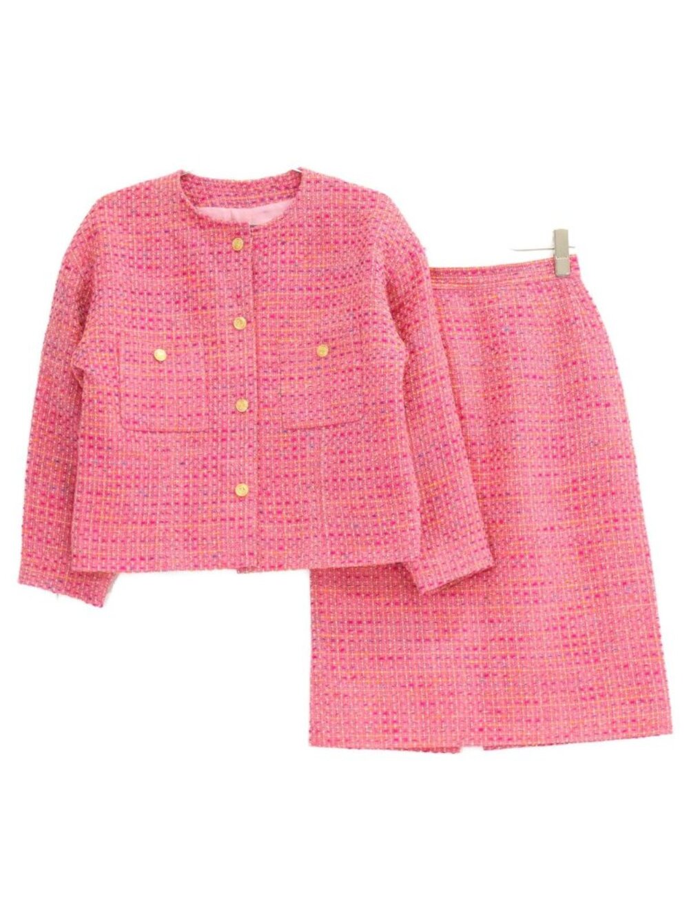 Chanel Tweed Collarless Jacket Skirt Set 38